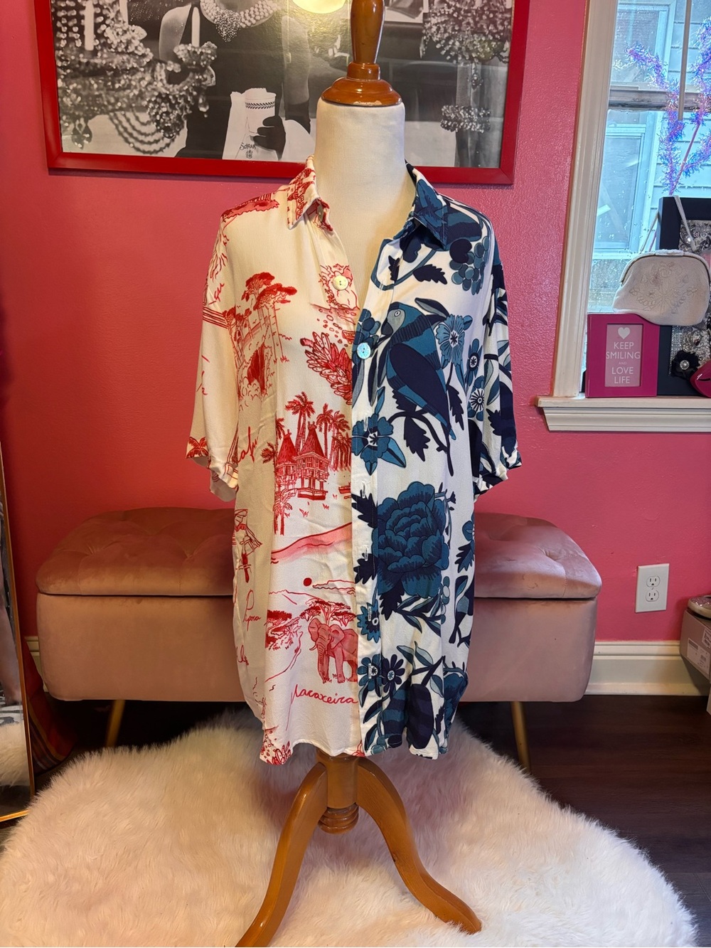 Two-Tone Floral & Scenic Button-Up Shirt - Red & Blue Farm Rio Small